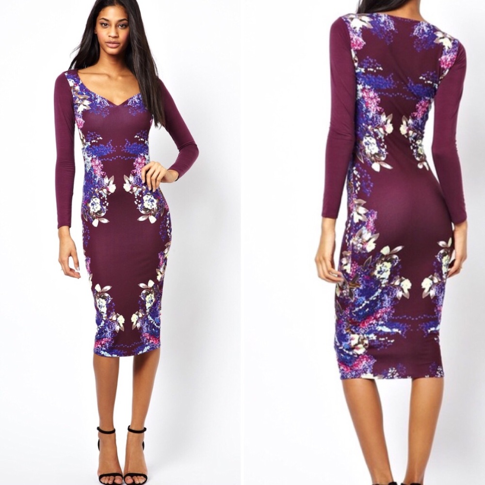 ASOS Plum Floral Long Sleeve Bodycon Midi Dress